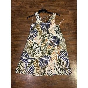 Tahari 100% linen V neck Floral Palm Print Dress Womens Xs Summer Beach